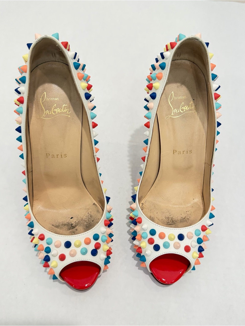 Christian Louboutin White Pigelle Spiked Peep Toe studded heels - Picture 8 of 8